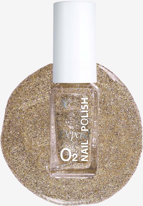 Clear nail polish bottle with white cap on a glittery gold background.