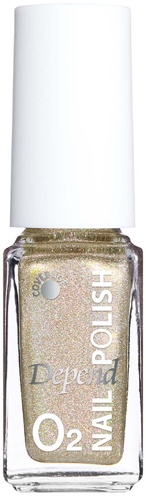 A bottle of glittery gold nail polish with a white cap and transparent container showing the polish color.