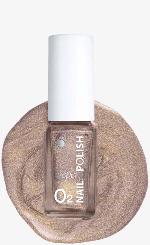 Nail polish bottle with white cap on a swirled gold and beige background.