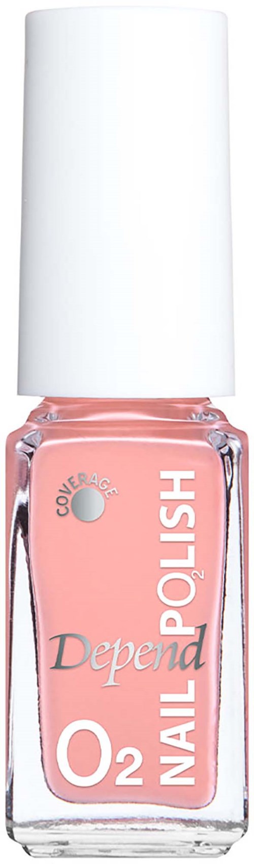 Pink nail polish bottle with white cap, labeled Depend O2 Nail Polish.