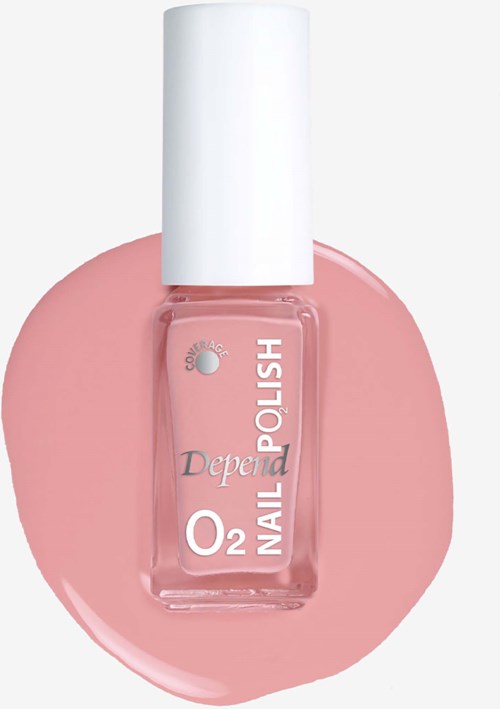 Pink nail polish bottle with white cap on pink background.