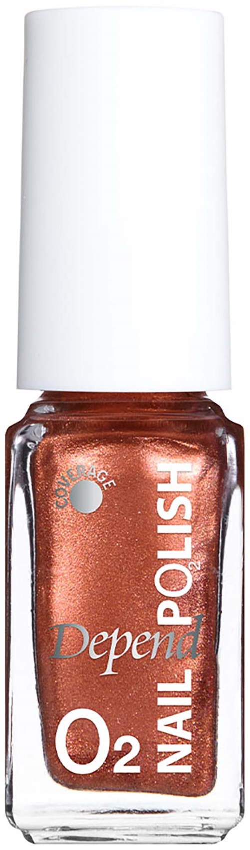 A bottle of copper-colored nail polish with a white cap, labeled Depend O2 Nail Polish. Clear glass bottle shows the color.