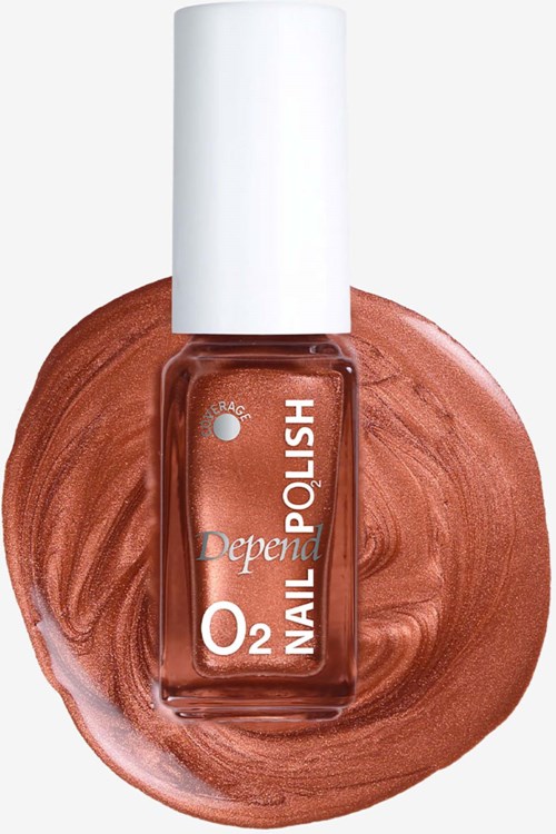 Nail polish bottle in rust color with white cap, labeled Depend O2 Nail Polish, placed on matching nail polish streak.