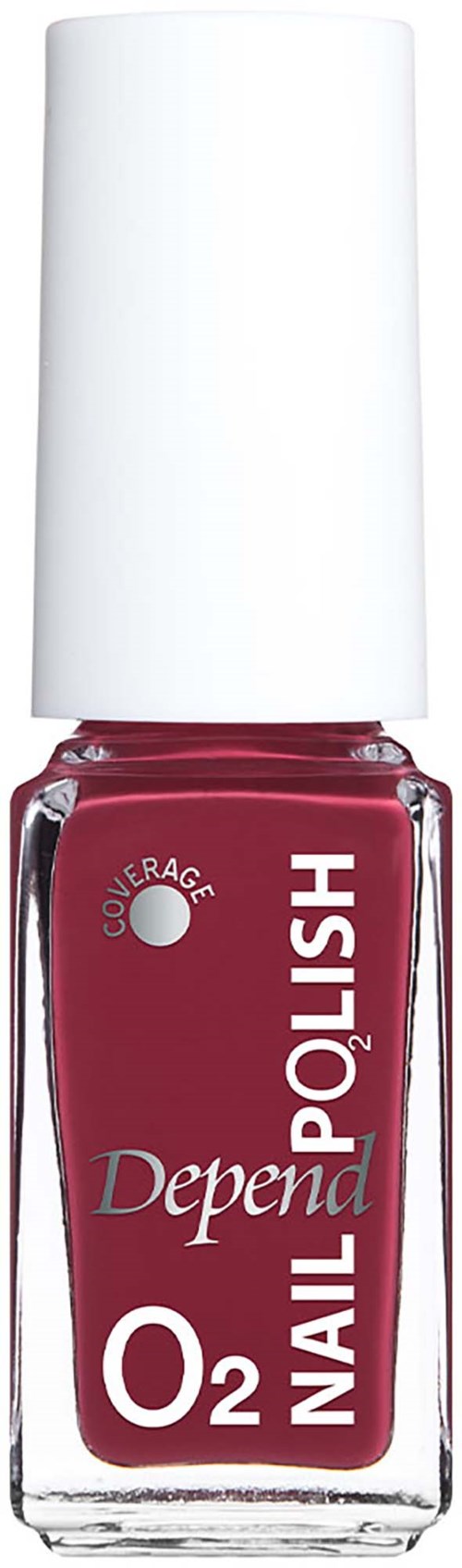 Red nail polish bottle with a white cap, labeled Depend Nail O2, cruelty-free and with oxygen technology.