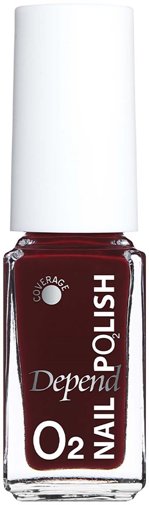 Dark red nail polish bottle with white cap and label reading Depend O2 Nail.