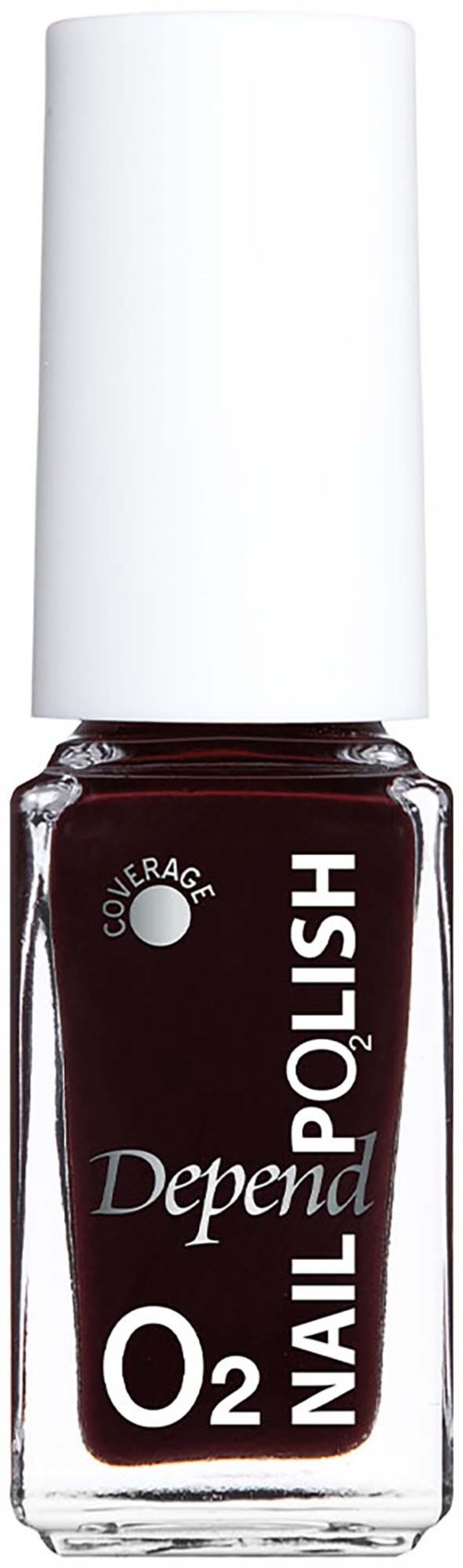 Nail polish bottle in dark red with white cap, labeled Depenta O2 Nail. Brand name and product details on the front.
