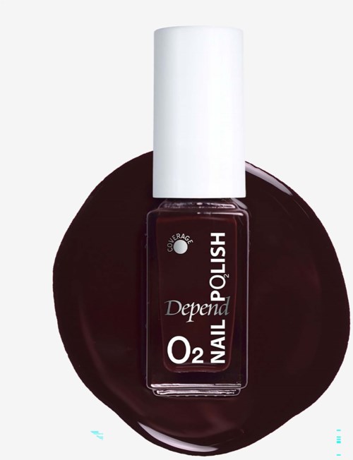 Nail polish bottle with dark red color and white cap, labeled Depend O2 Nail Polish with depend and covergrace logos.