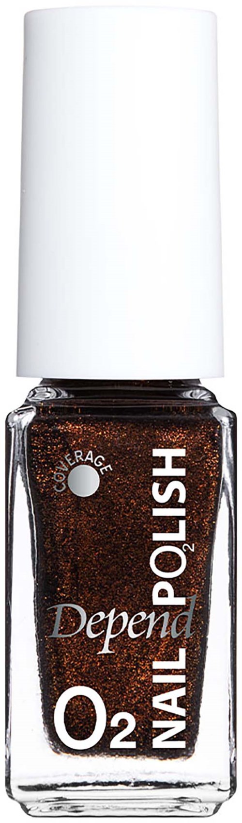 A nail polish bottle with brown glittery polish and a white cap, labeled Depa O2 Nail Polish.