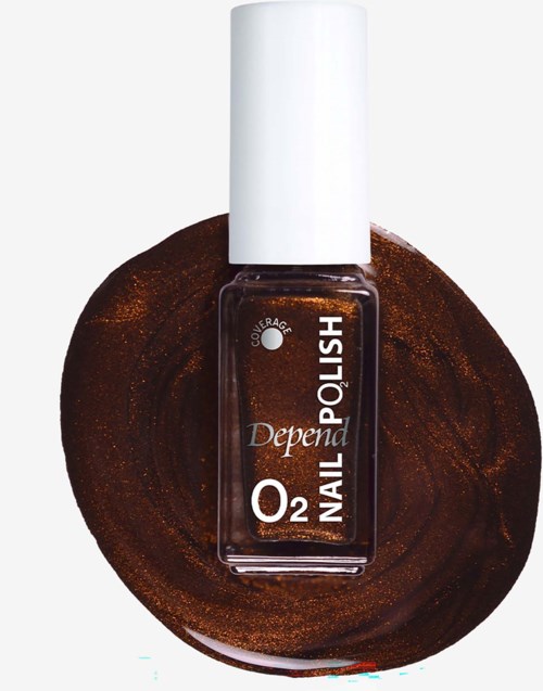 Brown nail polish bottle with white cap, placed on a brown textured surface.