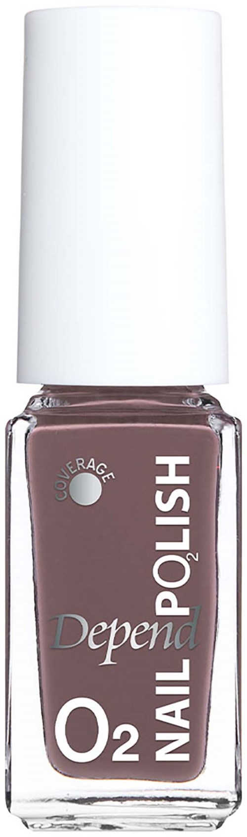 A mauve nail polish bottle with a white cap and a label reading Depena O2 Nail Polish.