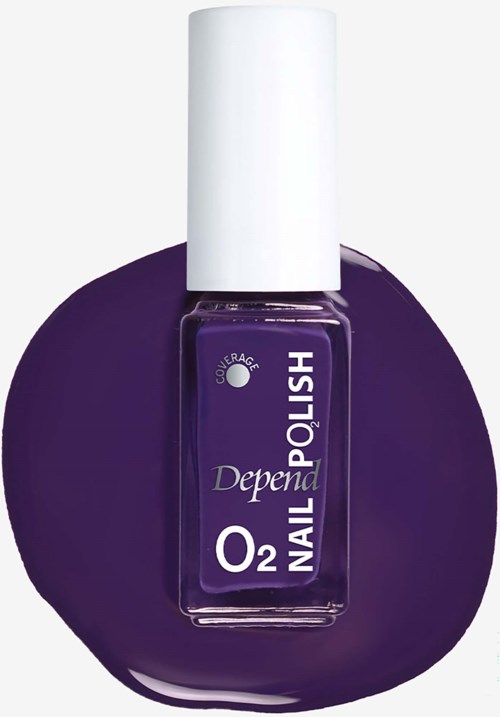 Dark purple nail polish bottle with a white cap, a purple background circle, and text displaying Depend O2 Nail Polish.