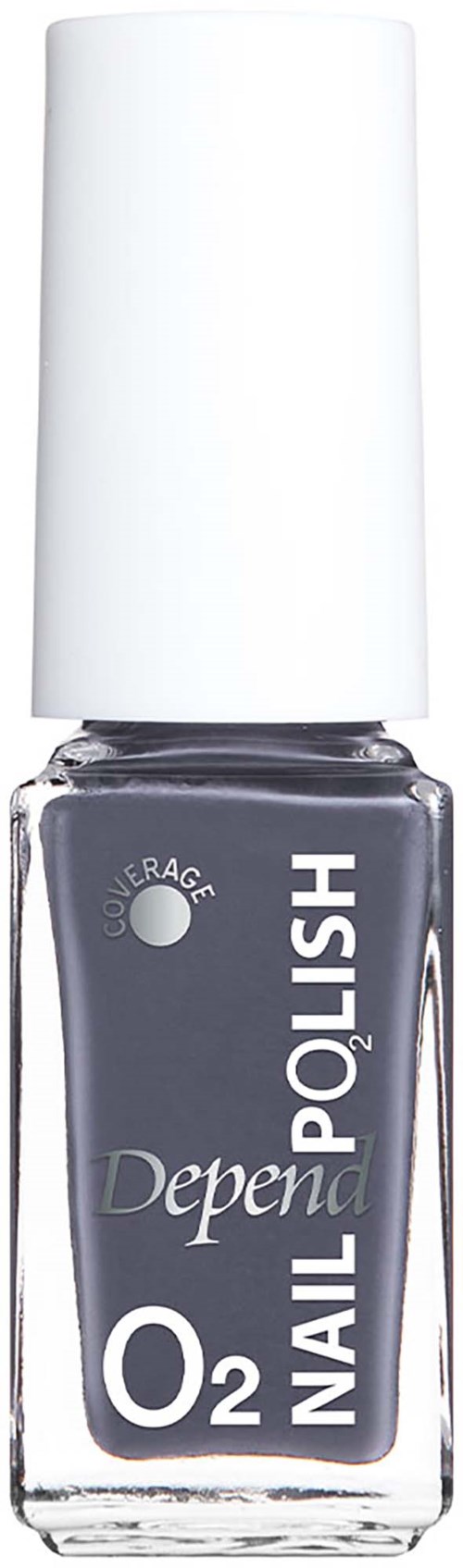 A bottle of dark gray nail polish with a white cap and label reading Depend O2 Nail. Logo and product name visible.