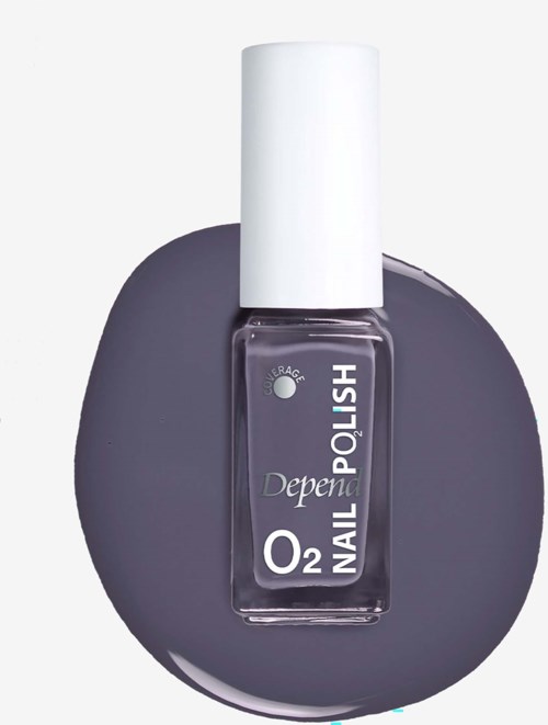 Nail polish bottle on a gray circular surface, with a white cap and black label that says Depend O2 Nail Polish.