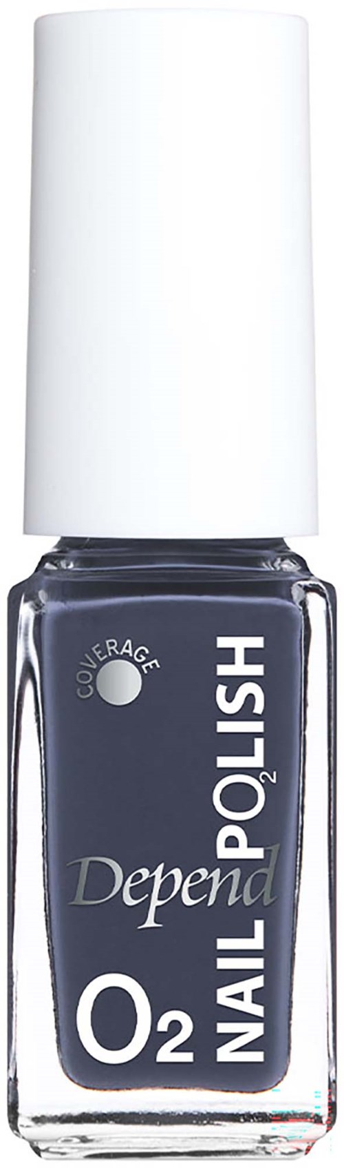Blue nail polish bottle with white cap and label reading Depend O2 Nail Polish.