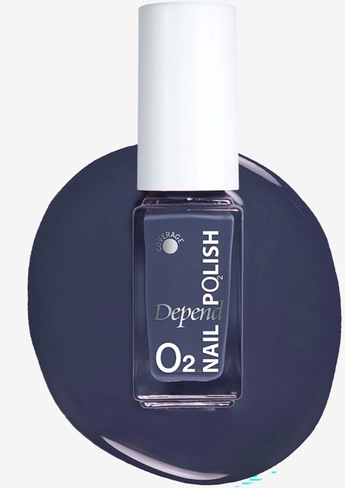 A nail polish bottle with a white cap and dark blue label on a navy round coaster.