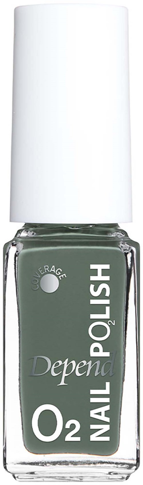 A nail polish bottle with a white cap, greenish nail polish color, and the words Depend POLISH on the label.