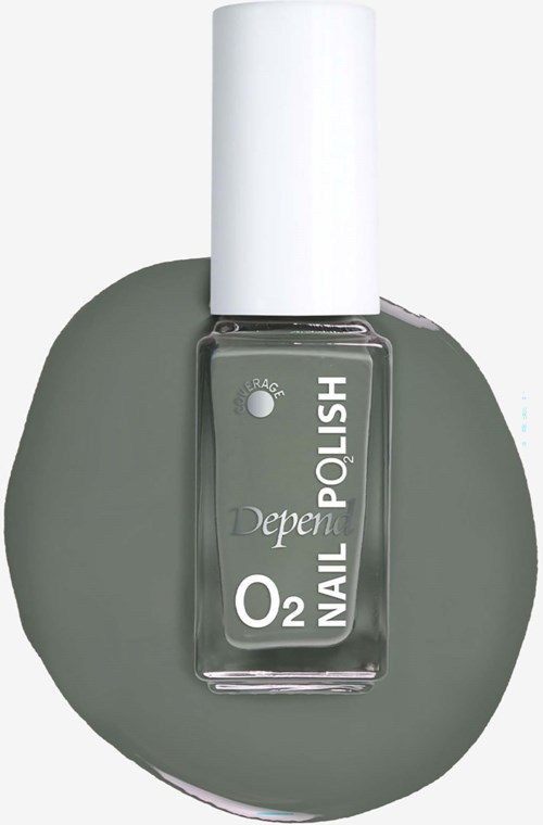 A bottle of Depend O2 Nail Polish on a gray surface with a white cap and label.