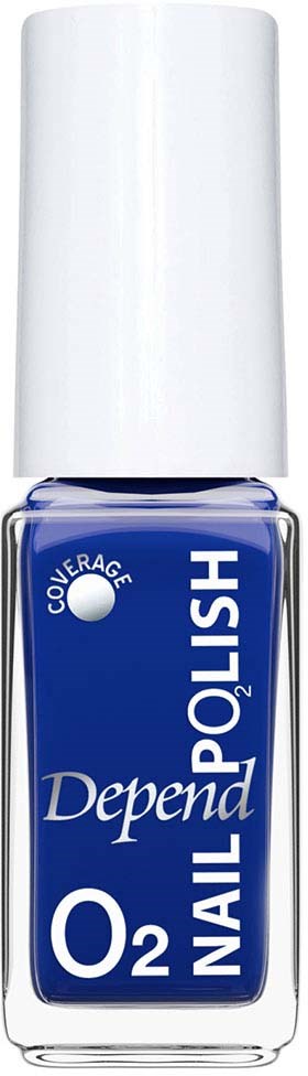 A blueDepend nail polish bottle with a white cap, labeled Depend O2 Nail Polish and coverage.