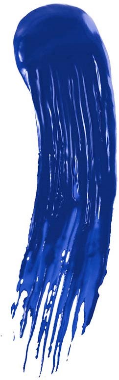 A blue paint streak runs downward in a curved shape on a white background.