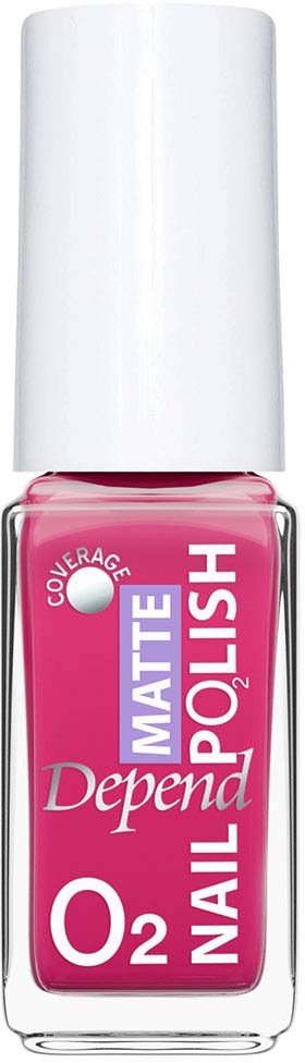 A pink nail polish bottle with white cap, labeled Depend O2 Matte Polish, designed for nails.