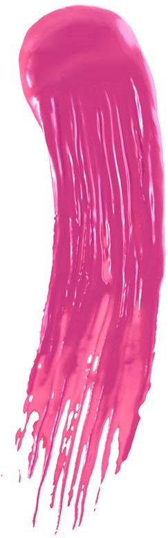 A pink, elongated, curved brushstroke with dripping paint, resembling a rainbow-colored tongue.