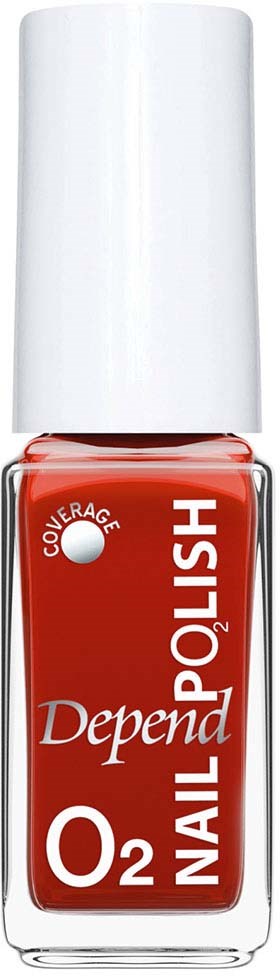 Red nail polish bottle with white cap, labeled "Depend" and "O2 Nail Polish".