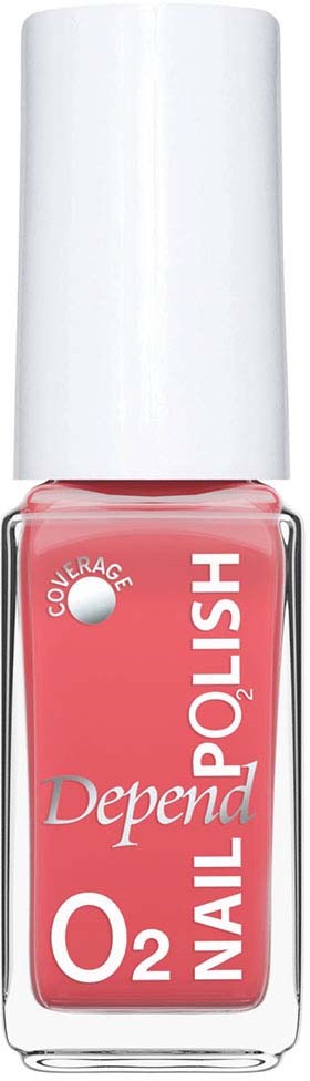 A bottle of pink nail polish with a white cap, labeled Depend O2 Nail Polish.