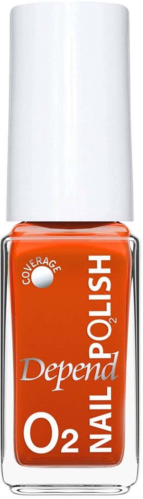 Orange nail polish bottle with white cap, labeled Depend O2 Nail Polish.