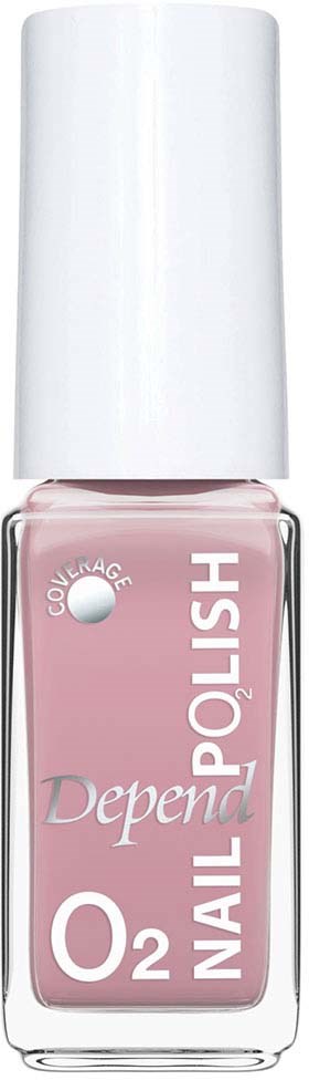 A pink nail polish bottle with white cap, labeled 'Depend Nailpolish O2' and 'Color & Age'.