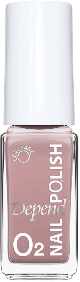 A bottle of pink nail polish with a white cap, labeled Depend O2 Nail Polish.