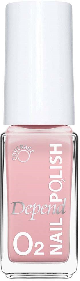 A bottle of pink nail polish with a white cap, labeled with "Depend" and "O2 Nail Polish."
