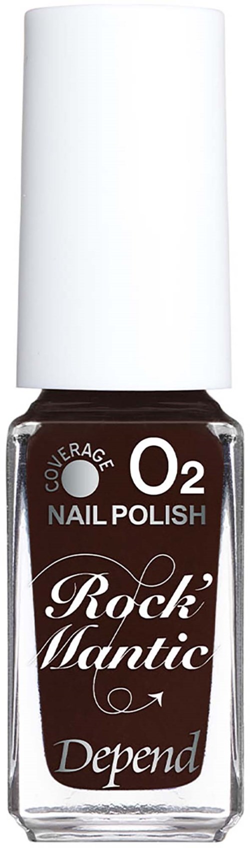 Brun nagellacksflaska med vitt lock, visar produktnamn och märke, Rock Mantic Depend.