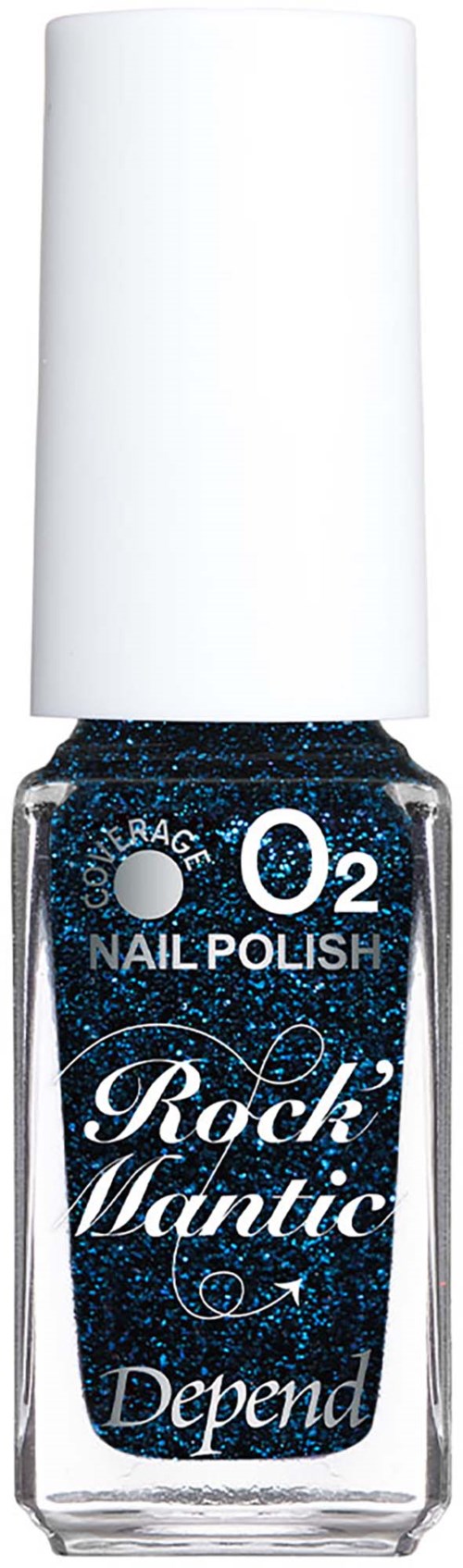 Blå glitternagellack i flaska med vitt lock, märkt Depend Rock Mantic O2.
