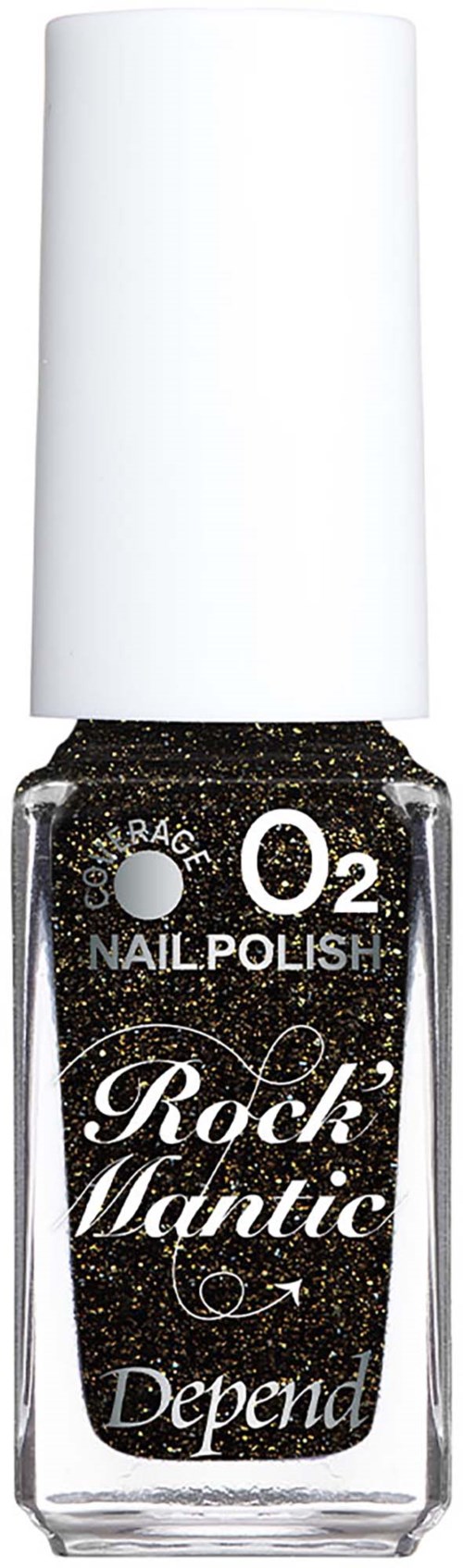 Svart nagellack med glitter från OPI, som heter Rock Mantic, i en genomskinlig flaska med vit cap.