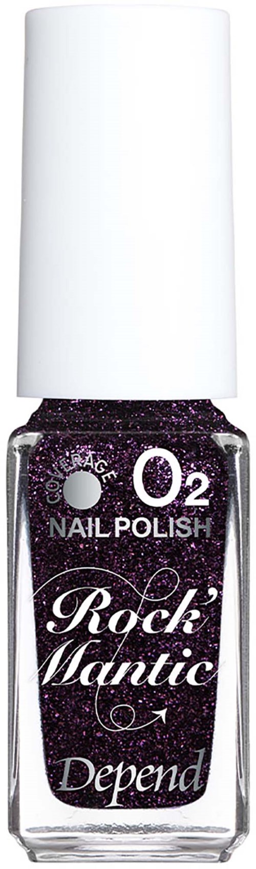 Mörklila nagellack med glitter i en klar flaska med vit kapsyl. Etiketten säger Rock Mantic av Depend.