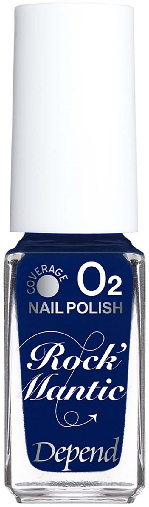 En blå flaska av Rock Mantic Depend O2 nagellack med vit kork och etikett.