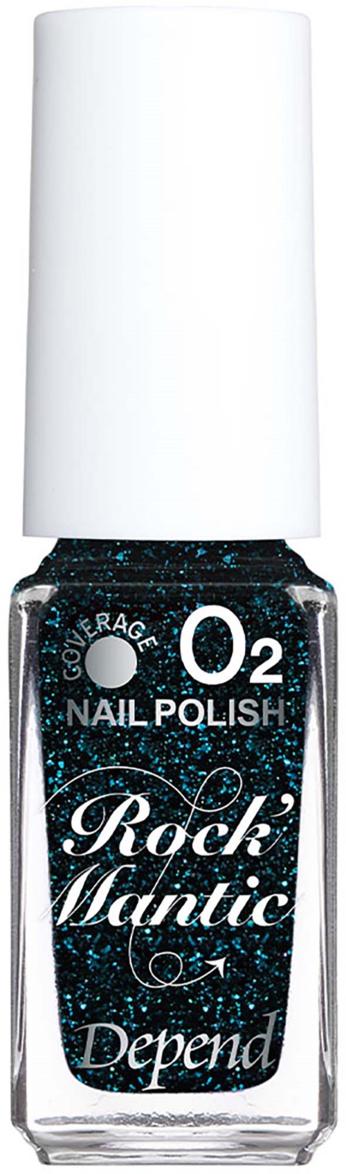 Svart nagellack med blå glitter, O2-logga och Rock Mantic Depend-etikett på flaskan.