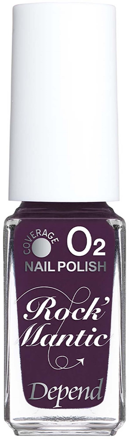 En flaska med mörklila nagellack med vit kork, etiketten visar märke, produkt och färginformation.