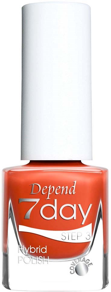 Eine Flasche orangefarbener Depend 7 Day Hybrid-Nagellack mit weißem Deckel.