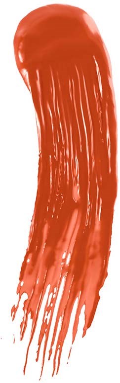 Ein roter, elongierter, abstrakter Pinselstrich mit Streifen und unregelmäßigen Kanten vor weißem Hintergrund.