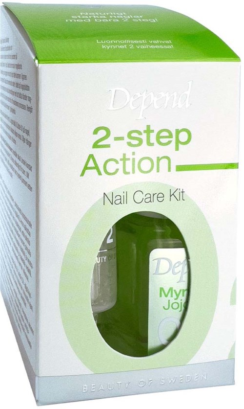 A nail care kit box with green and white colors, showing a small bottle of nail product inside through a window.