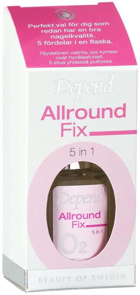 En hvit og rosa eske med teksten 'Depend Allround Fix' og et lite vindu som viser en flaske inni. Esken fremhever en 5-i-1 produkt.