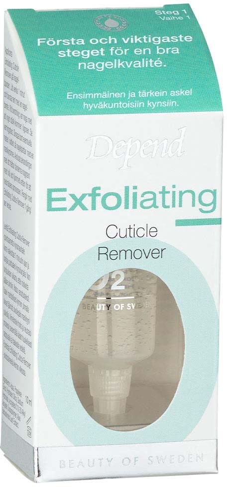 A box of exfoliating cuticle remover with a small window, text in Swedish, and a light green and white design.