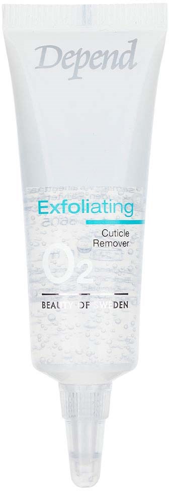 A white tube labeled 'Depend Exfoliating Cuticle Remover' with blue and black text, and a nozzle at the bottom.