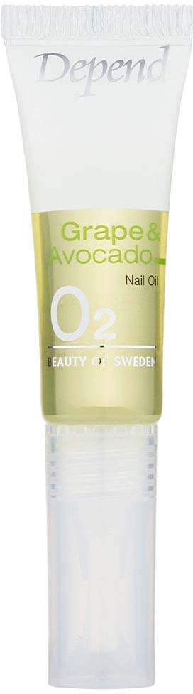 En tube med negleolje merket Grape & Avocado, i hvite og grønne farger, fra Depend, laget i Sverige.