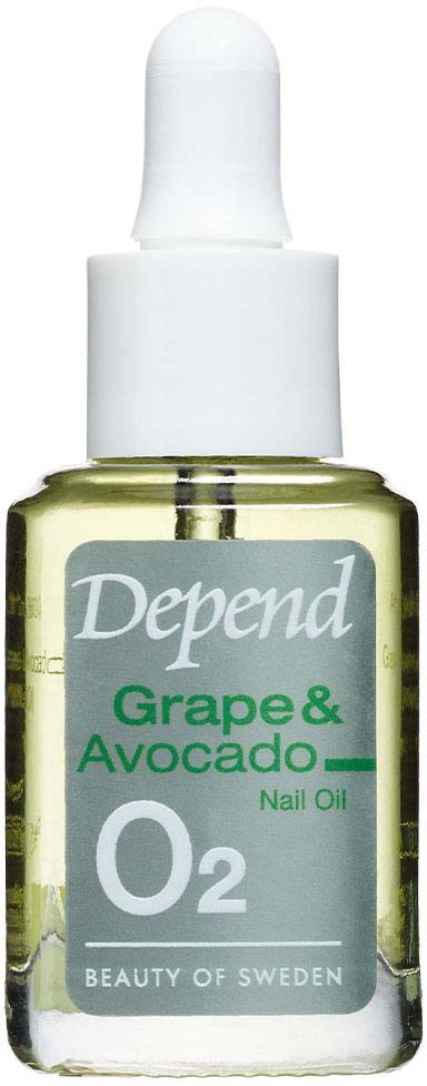 En liten flaske med negleolje merket Grape & Avocado med dråpeteller.