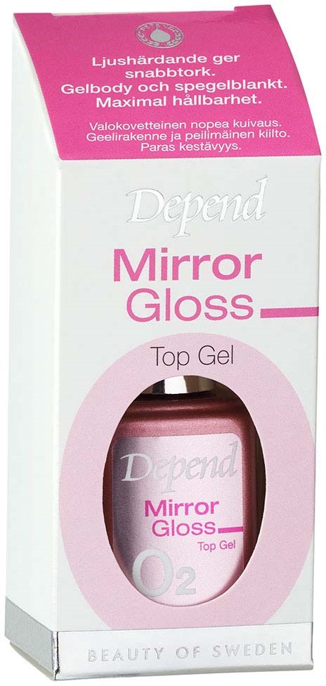 Rosa og hvit eske for Depend Mirror Gloss Top Gel neglelakk med et lite gjennomsiktig vindu som viser flasken inni.