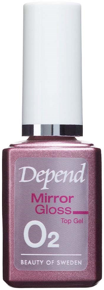 Rosa-lignende neglelakkflaske med hvit pust, merket 'Depend Mirror Gloss O2, Top Gel, Sverige'.