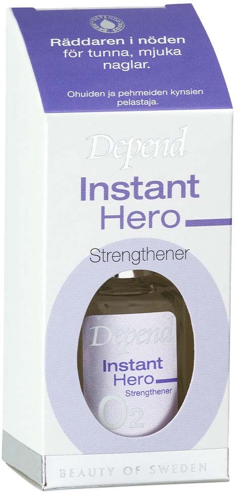 A box of Depaind Instant Hero Strengthener with Swedish text, showing the product through a window.