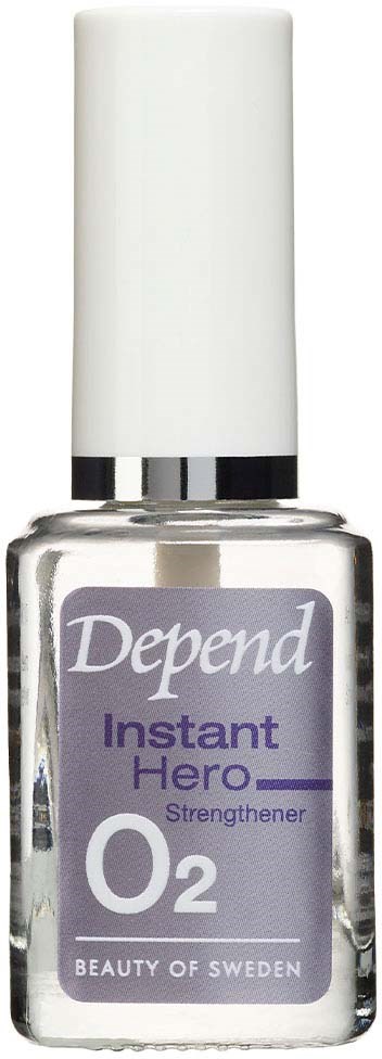 A small clear bottle with a white cap labeled "Depend Instant Hero O2" and "Strengthener" from Sweden.